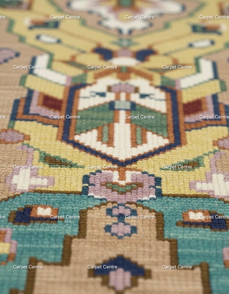 Hand-Knotted Oushak Wool Rug, Teal & Tan Geometric Kilim Design