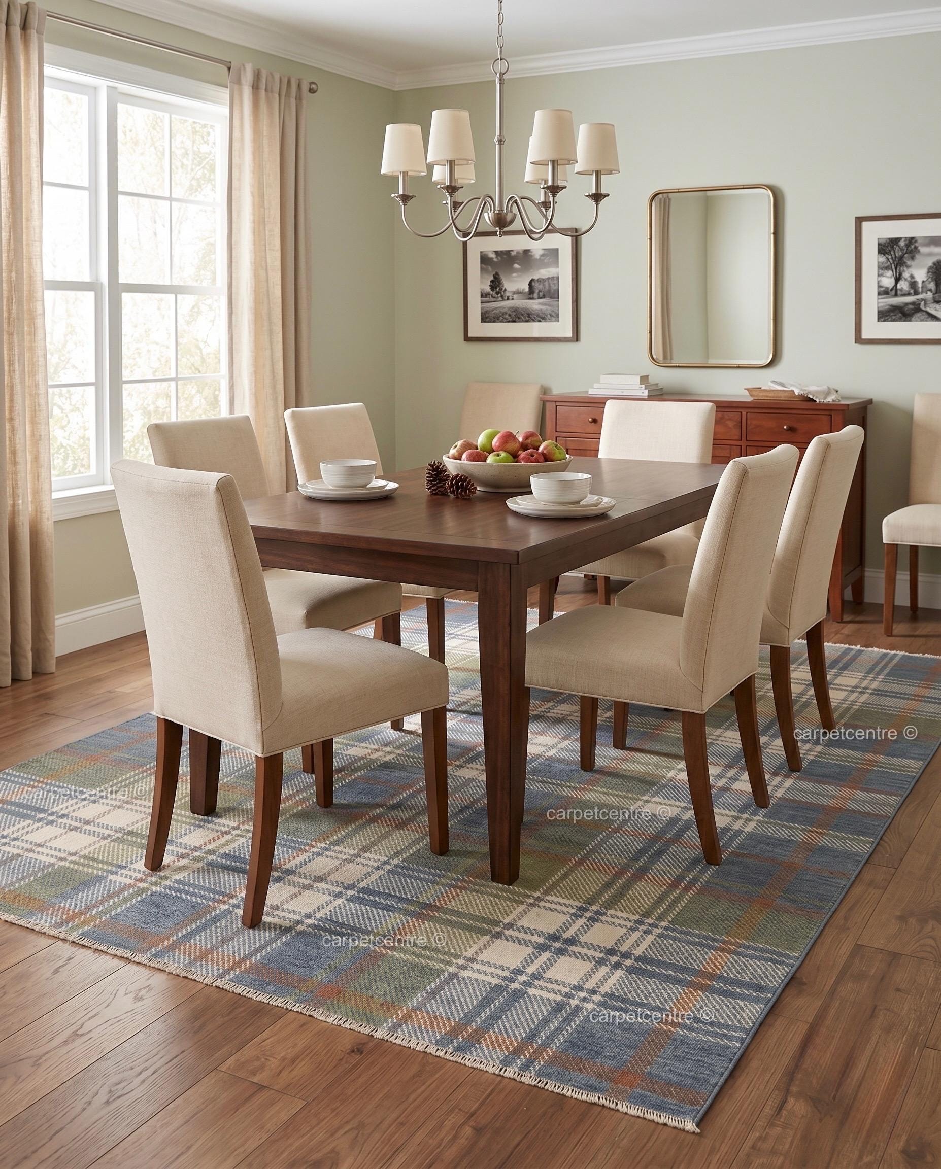 Hand Knotted Plaid Wool Rug: Blue Green Tartan, New Zealand Wool, Custom Sizes