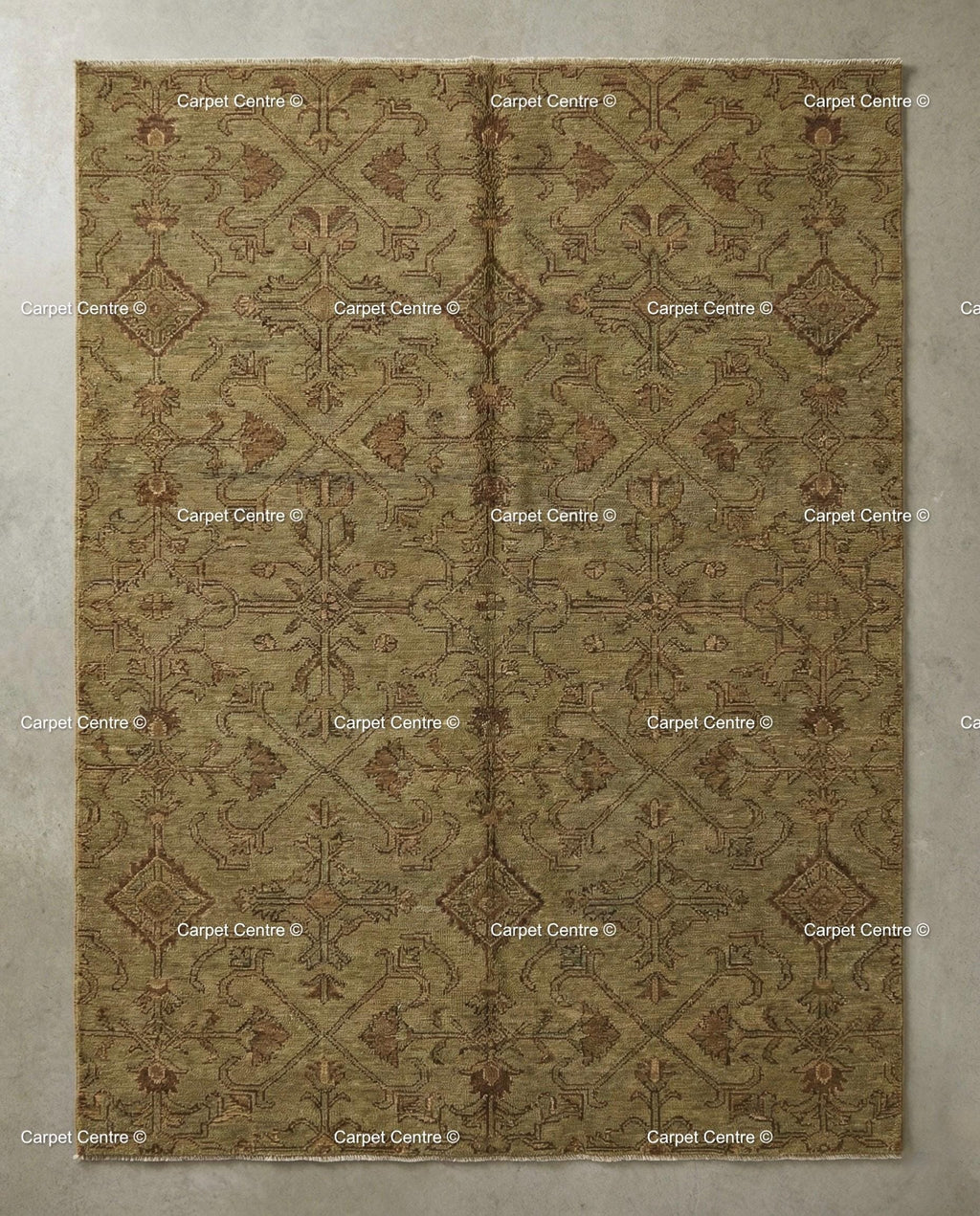 Hand Knotted Wool Oushak Rug, Muted Olive Green Geometric Carpet