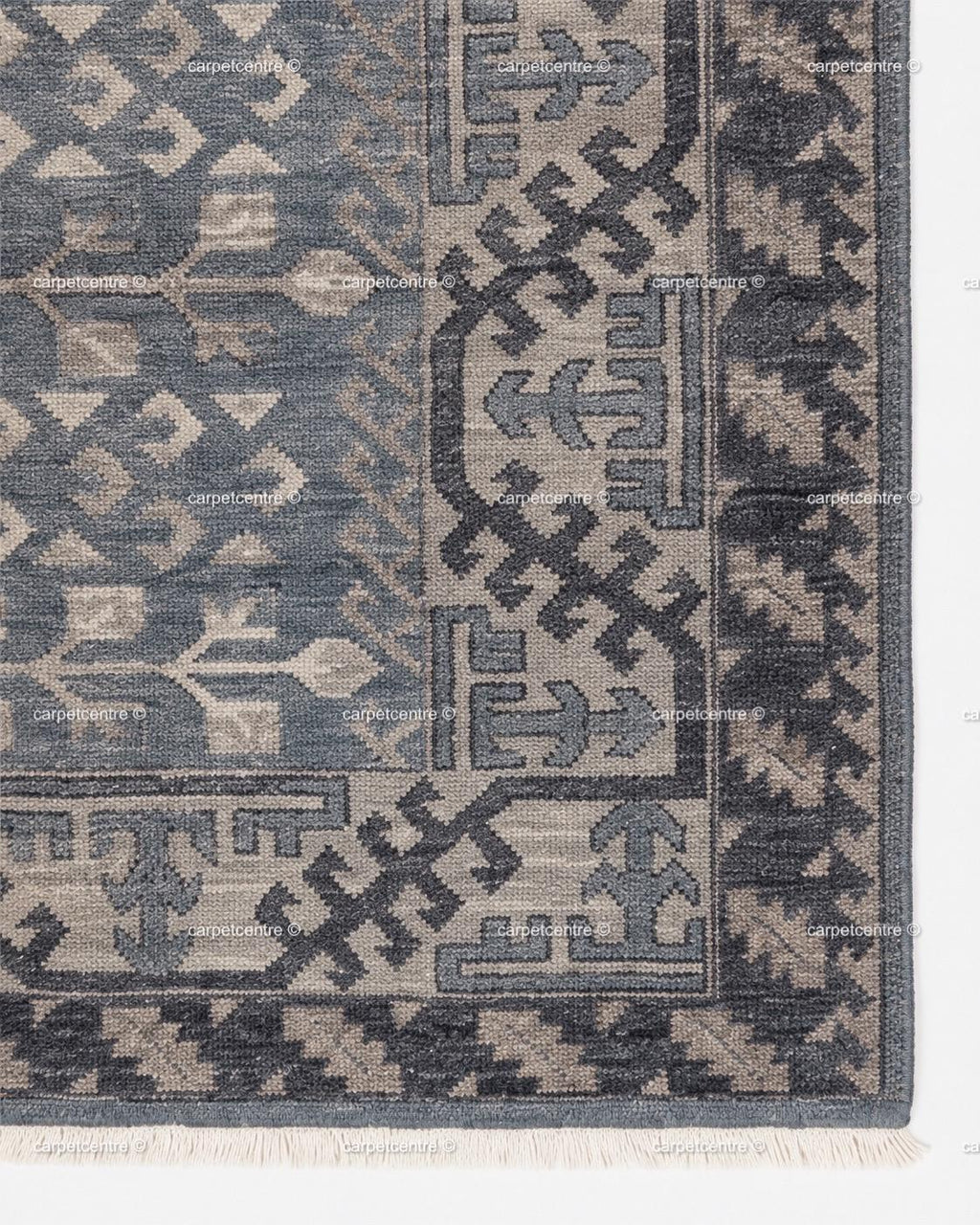 Hand Knotted Oushak Rug: Blue Tribal Wool, Turkish Design, Living Room Area Carpet