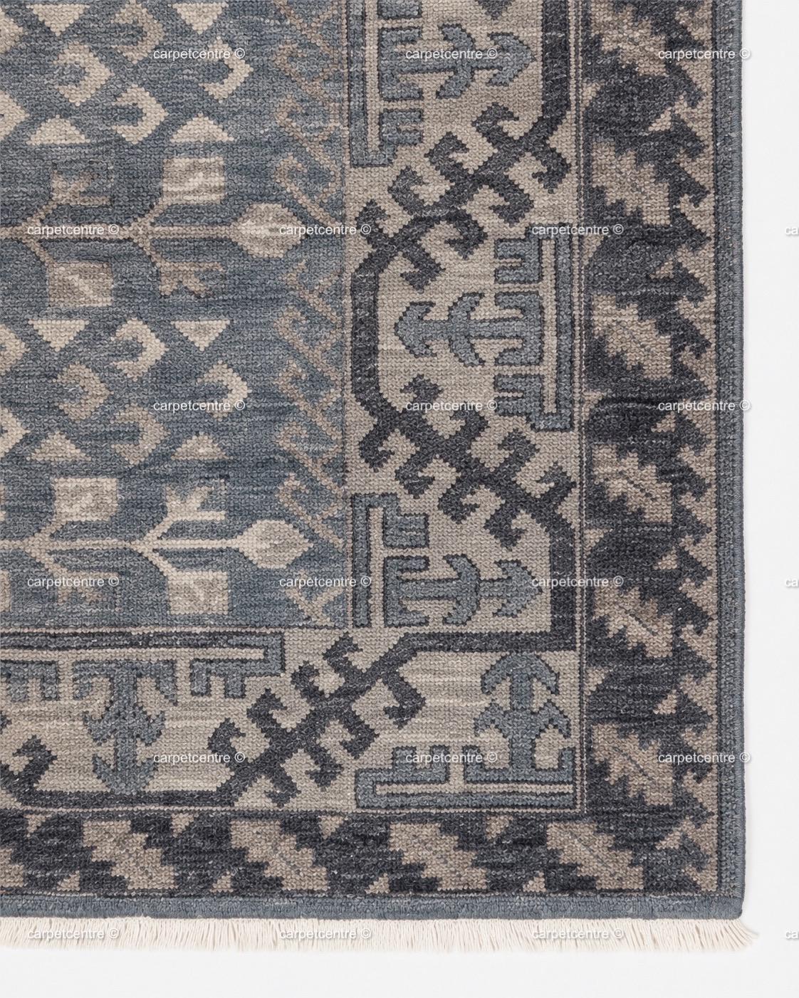 Hand Knotted Oushak Rug: Blue Tribal Wool, Turkish Design, Living Room Area Carpet