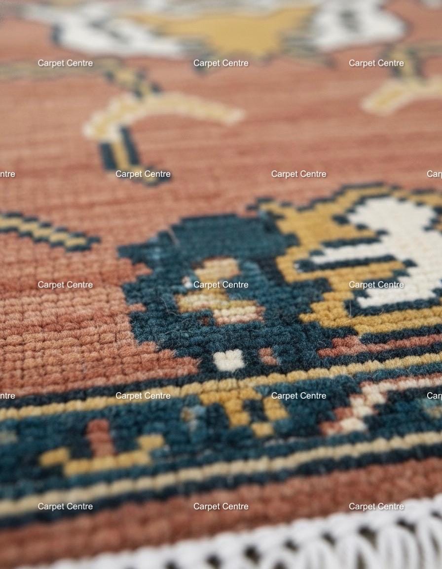 Hand-Knotted Wool Runner Rug, Terracotta Oushak Style, Teal Border