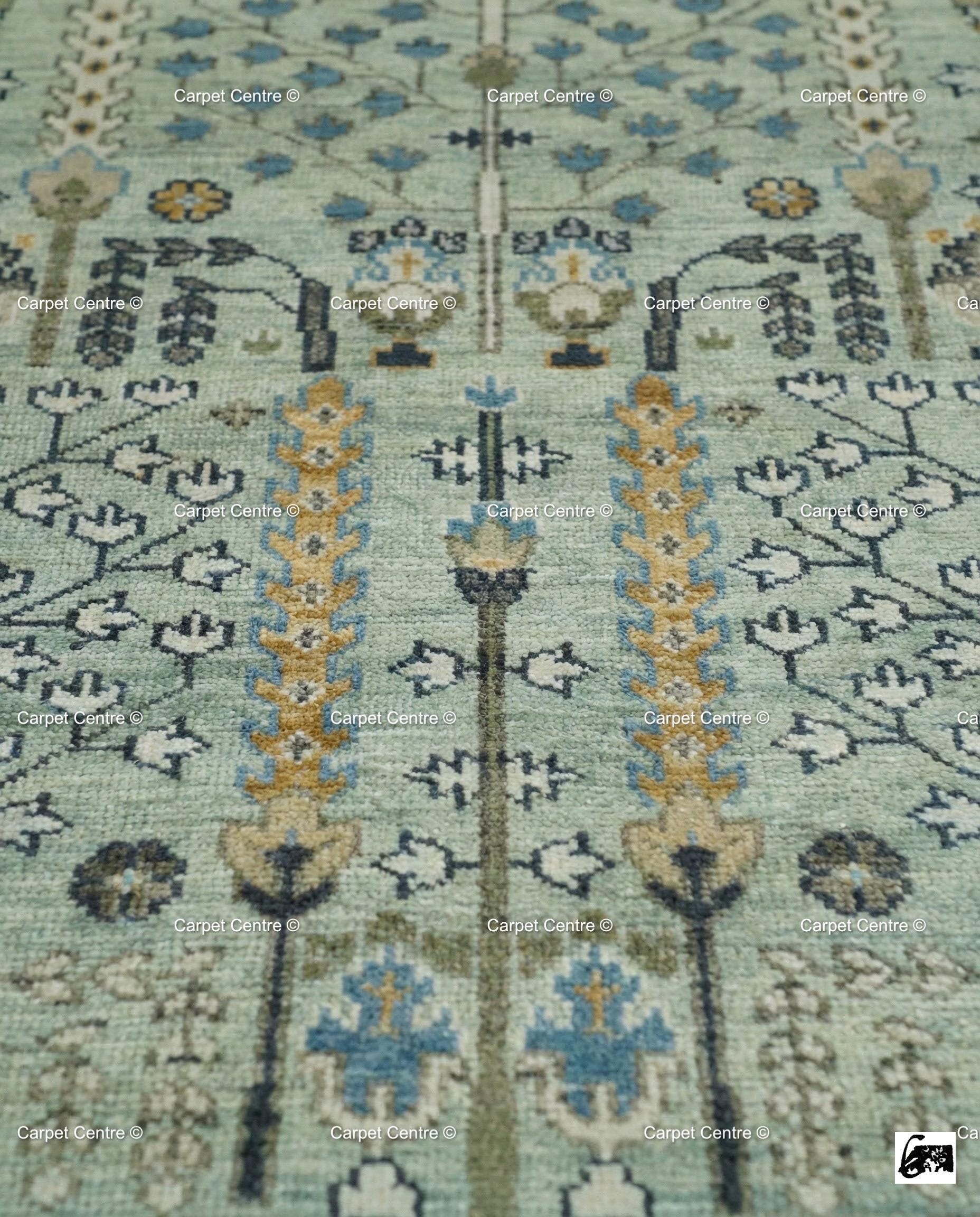 Hand Knotted Wool Oushak Rug – Sage Green Tree of Life Area Rug