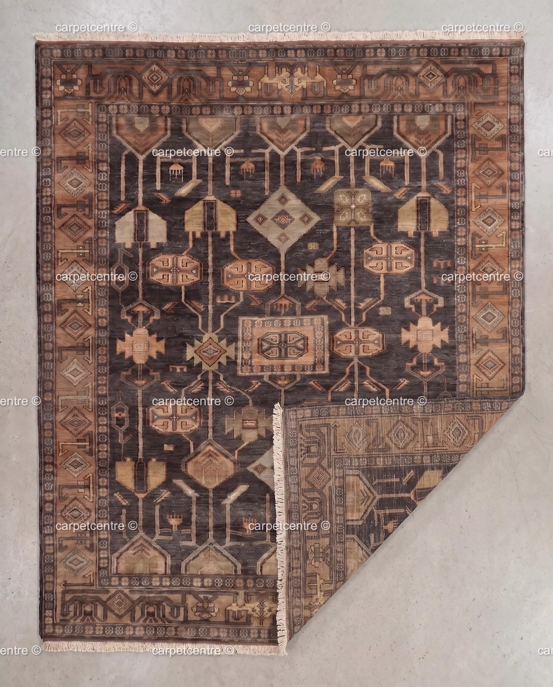 Hand Knotted Oushak Wool Rug, Dark Brown Tribal Vintage Turkish Geometric 8x10 9x12 Custom Living Room Bedroom Rug - 100% Handmade