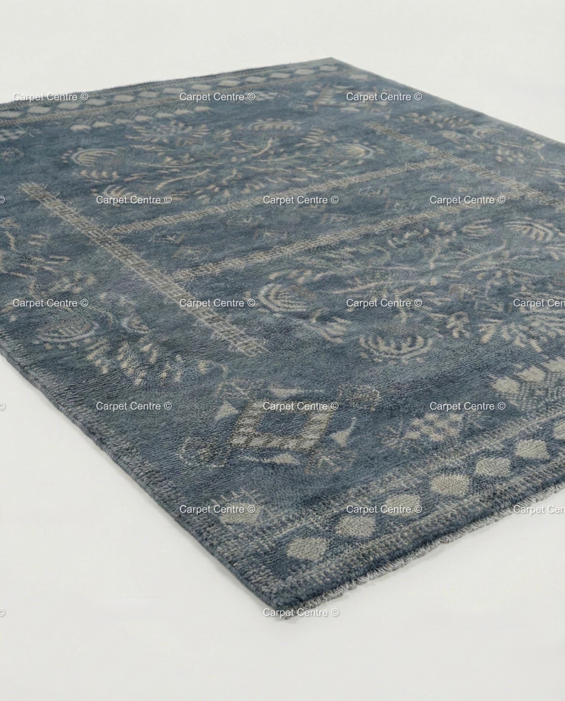 Slate Blue Hand Knotted Oushak Wool Rug, Turkish Vintage Area Carpet