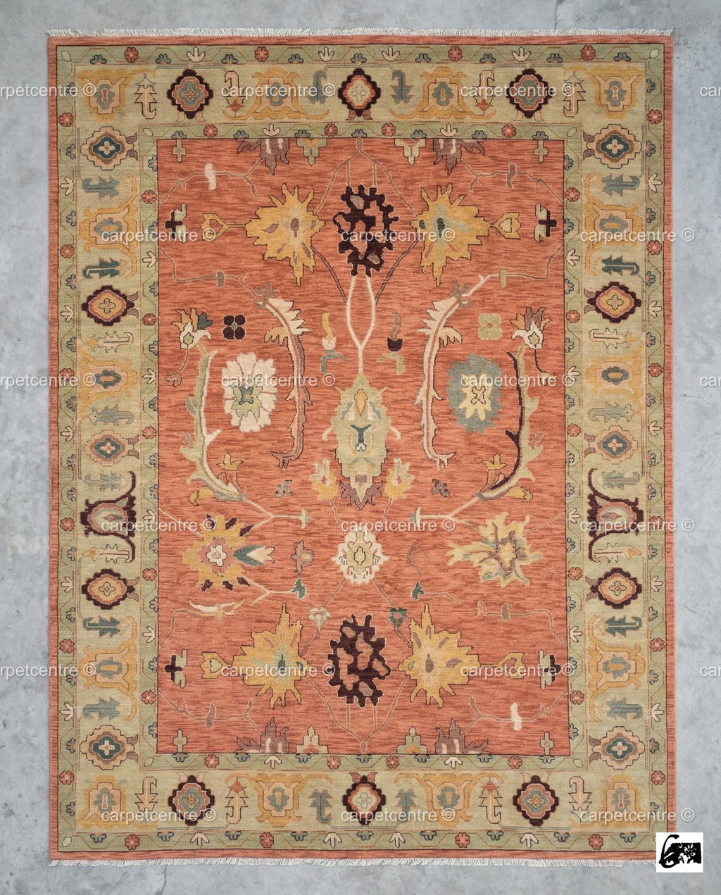 Hand-Knotted Wool Oushak Rug, Terracotta Floral, Sage Green Border, Farmhouse Style