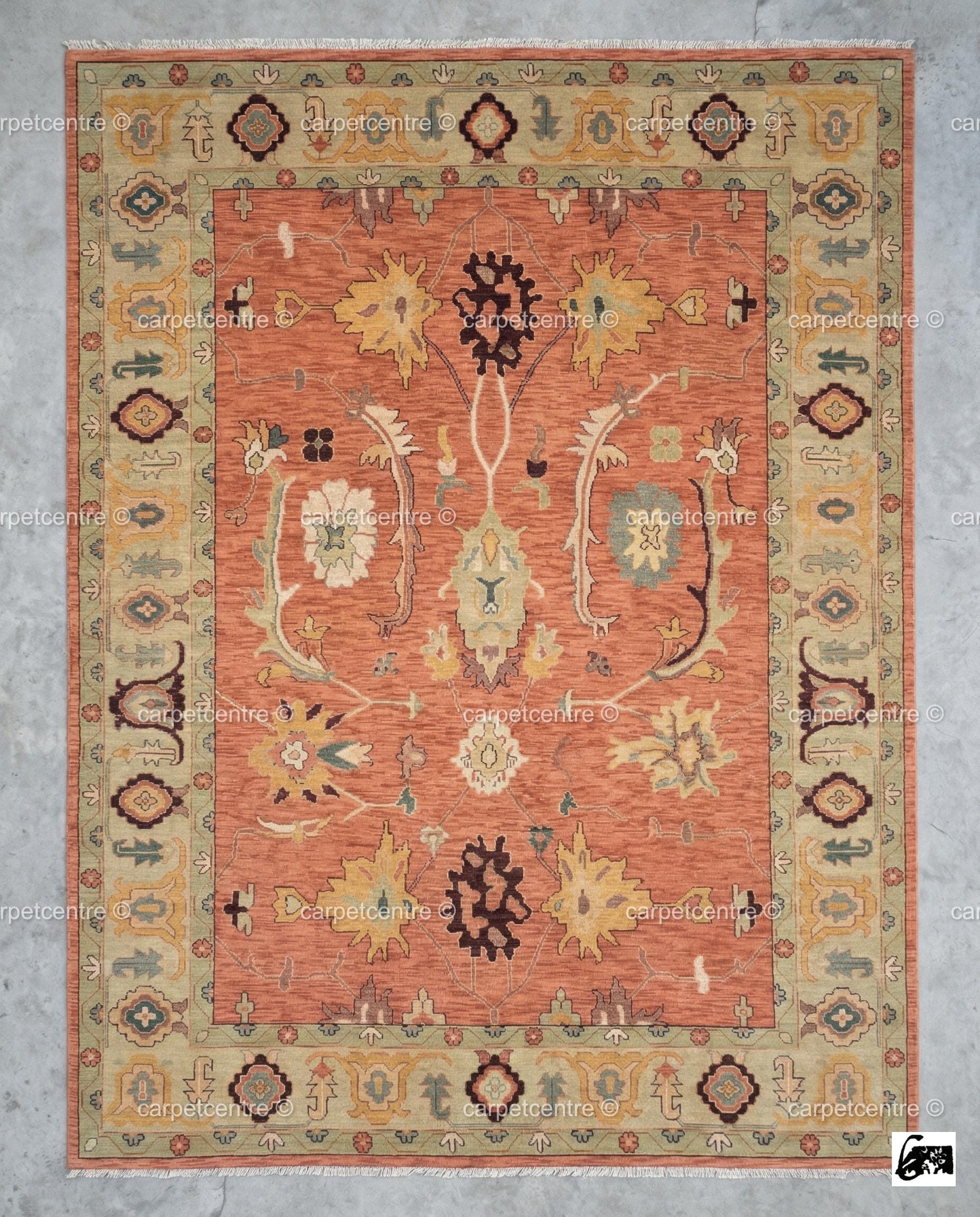 Hand-Knotted Wool Oushak Rug, Terracotta Floral, Sage Green Border, Farmhouse Style