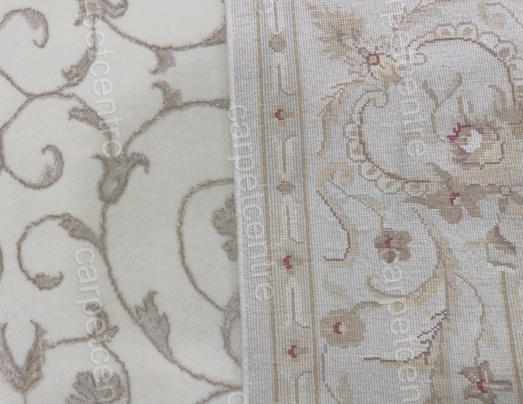 Handwoven Ivory Wool Rug: Persian Floral Art Silk Design
