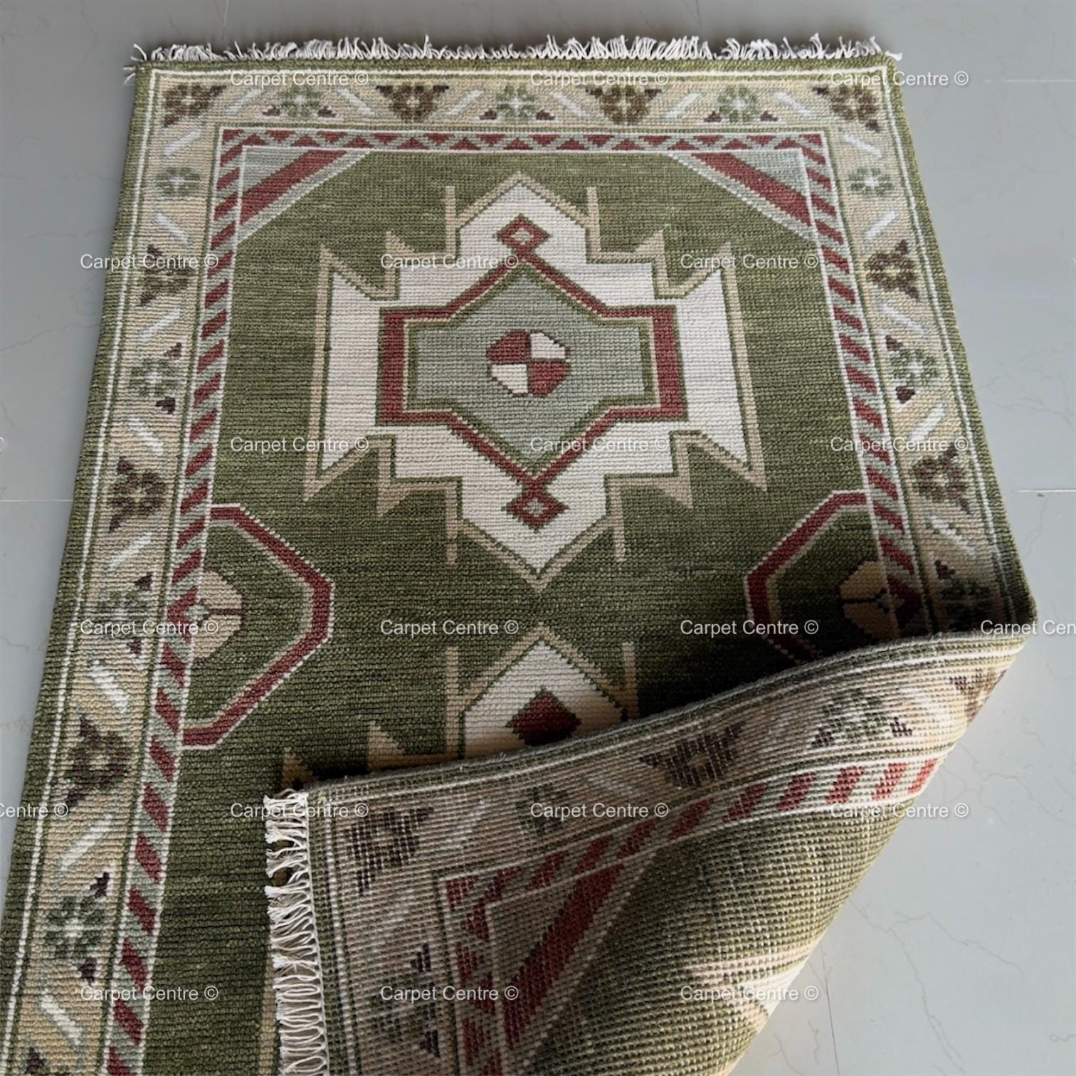 Hand-Knotted Wool Oushak Runner Rug, Olive Green Geometric Design