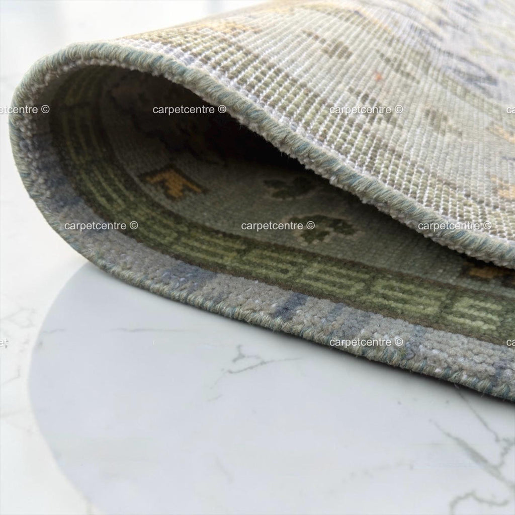 Hand Knotted Oushak Wool Rug | Sage Green Geometric Design