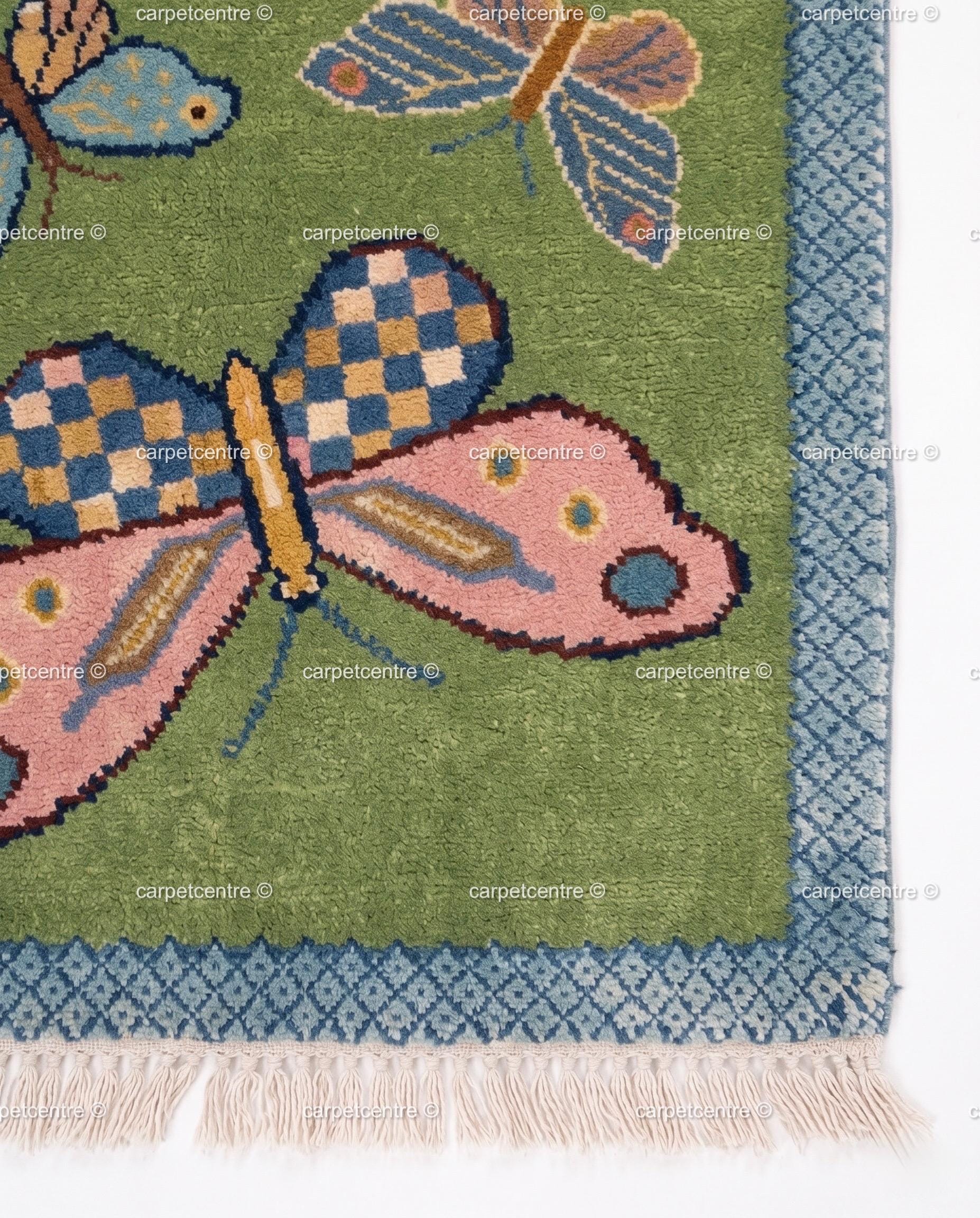 Handmade Wool Butterfly Runner Rug | Light Green Scattered Meadow Carpet