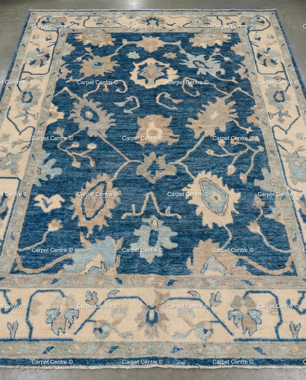 Hand Knotted Navy Blue Wool Oushak Rug, Traditional Floral Carpet