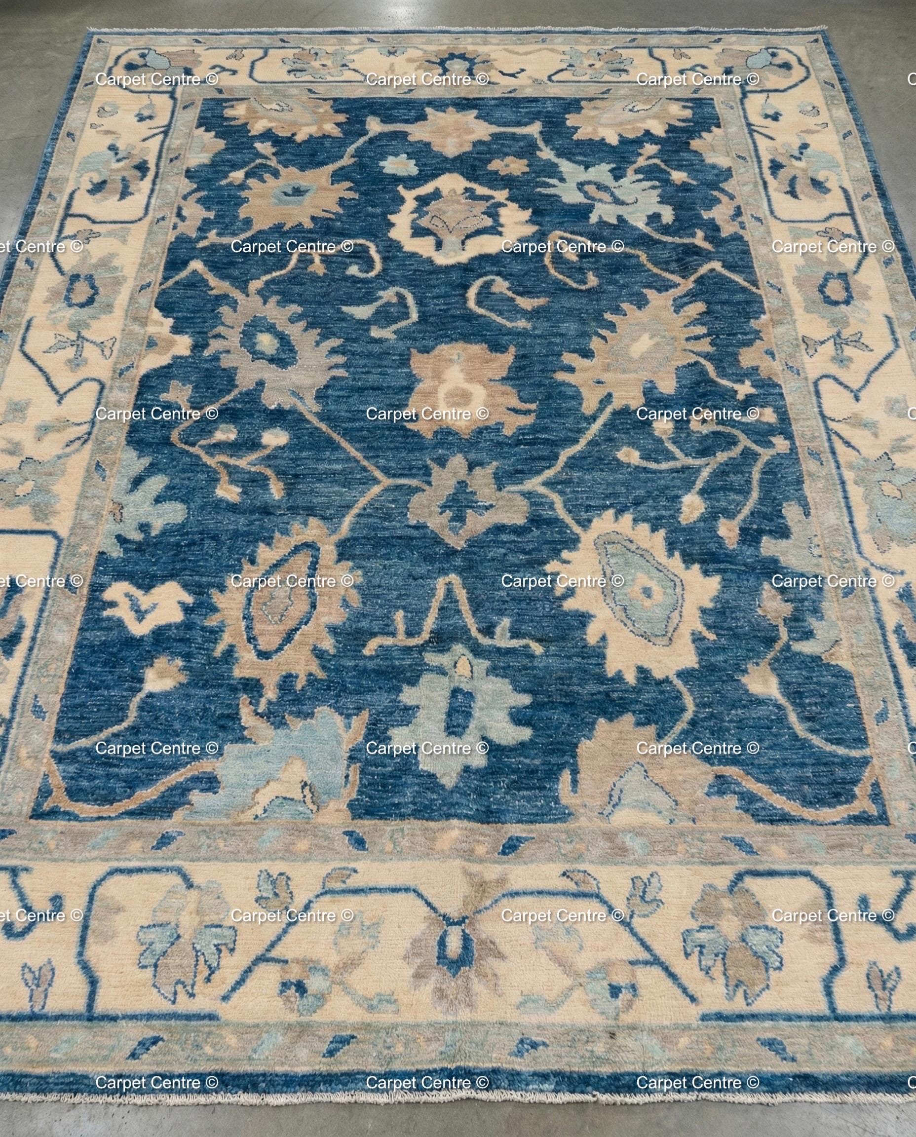 Hand Knotted Navy Blue Wool Oushak Rug, Traditional Floral Carpet