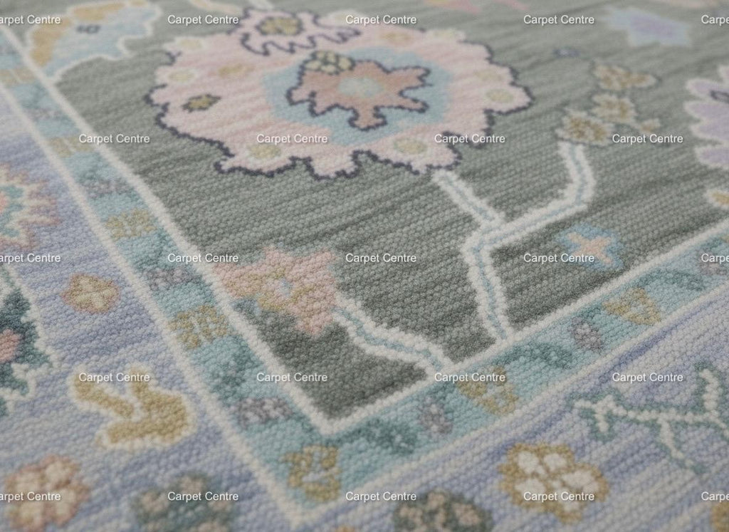 Handknotted Oushak Wool Rug | Sage Green, Pastel Floral Design