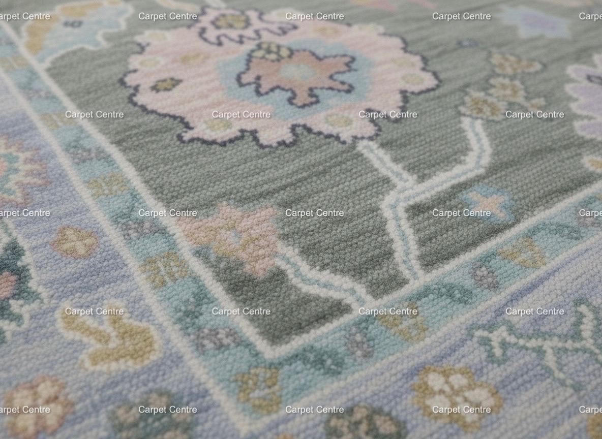 Handknotted Oushak Wool Rug | Sage Green, Pastel Floral Design
