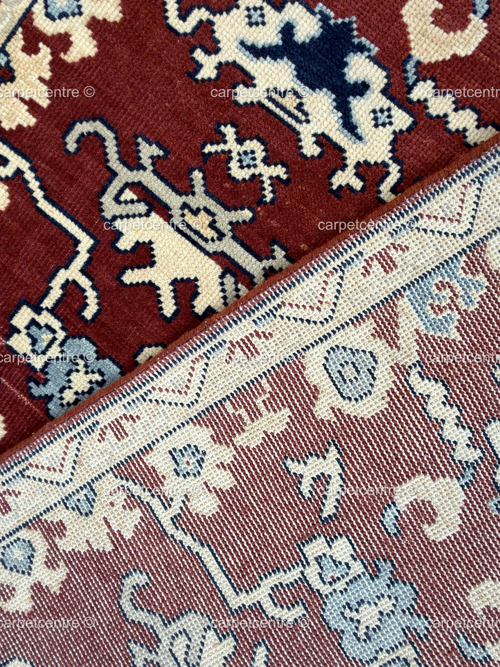 Hand-Knotted Rust Red Wool Runner Rug, Navy Blue Tribal Oushak Design