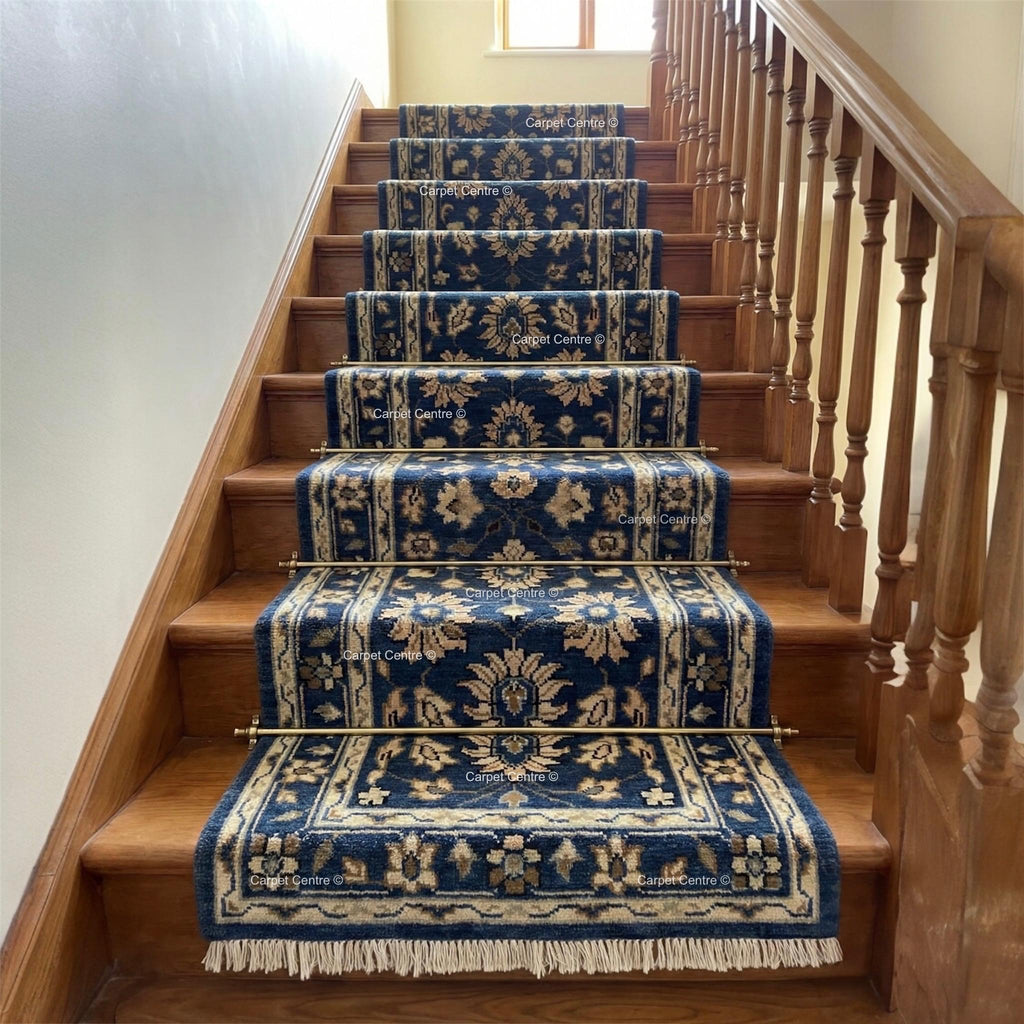 Handmade Oushak Wool Runner Rug: Navy Blue Floral Hallway Rug