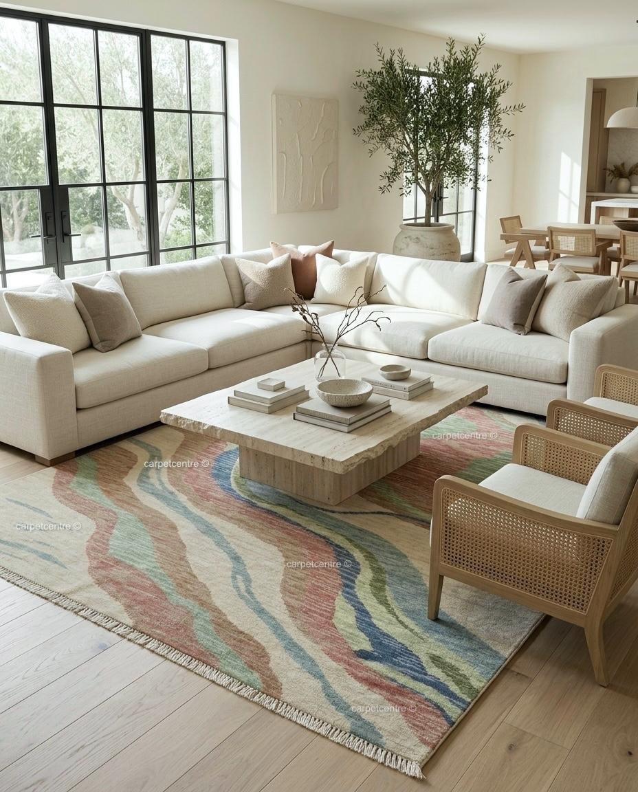 Hand Knotted Abstract Oushak Rug, 100% New Zealand Wool, Organic Waves Design