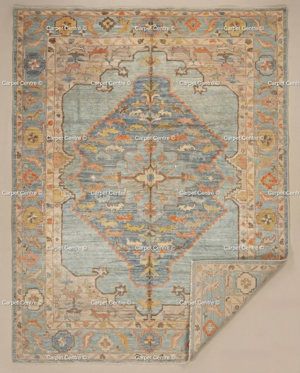 Handmade Oushak Wool Rug, Blue & Coral Medallion, Turkish Knot