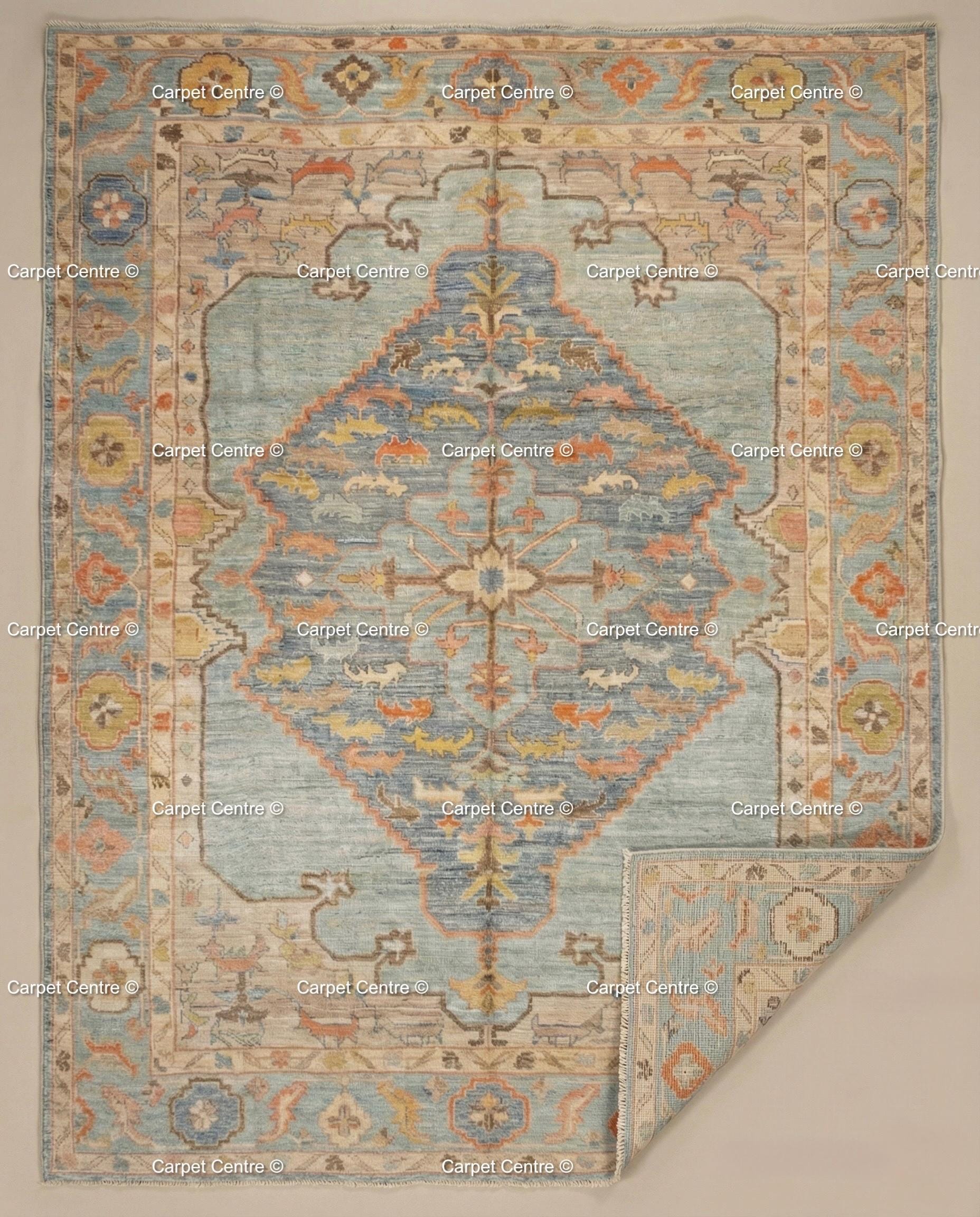 Handmade Oushak Wool Rug, Blue & Coral Medallion, Turkish Knot