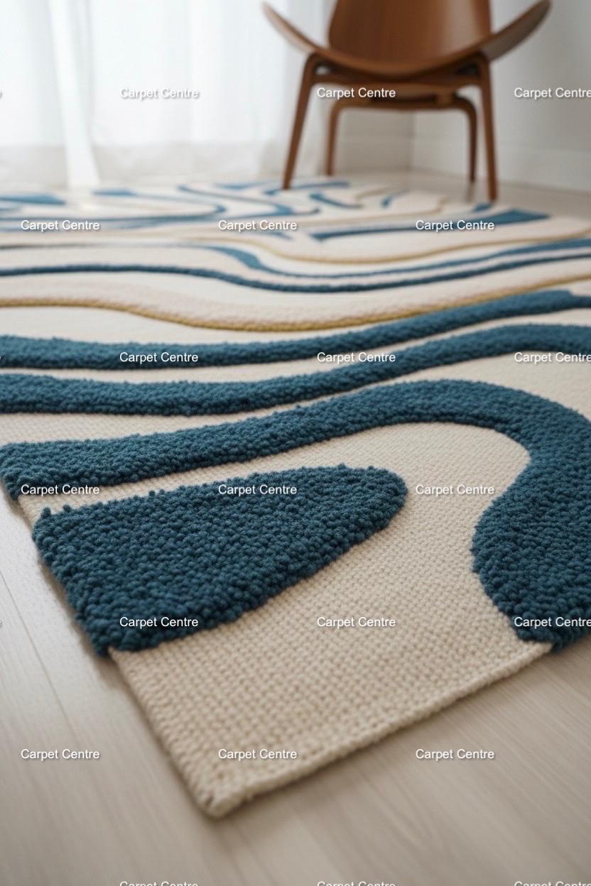 Handmade Teal Wave Wool Rug: Abstract Sculpted Texture