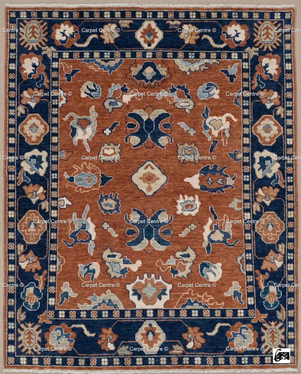 Rust Orange Oushak Rug, Navy Border, Hand Knotted Wool Carpet
