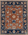 Rust Orange Oushak Rug, Navy Border, Hand Knotted Wool Carpet