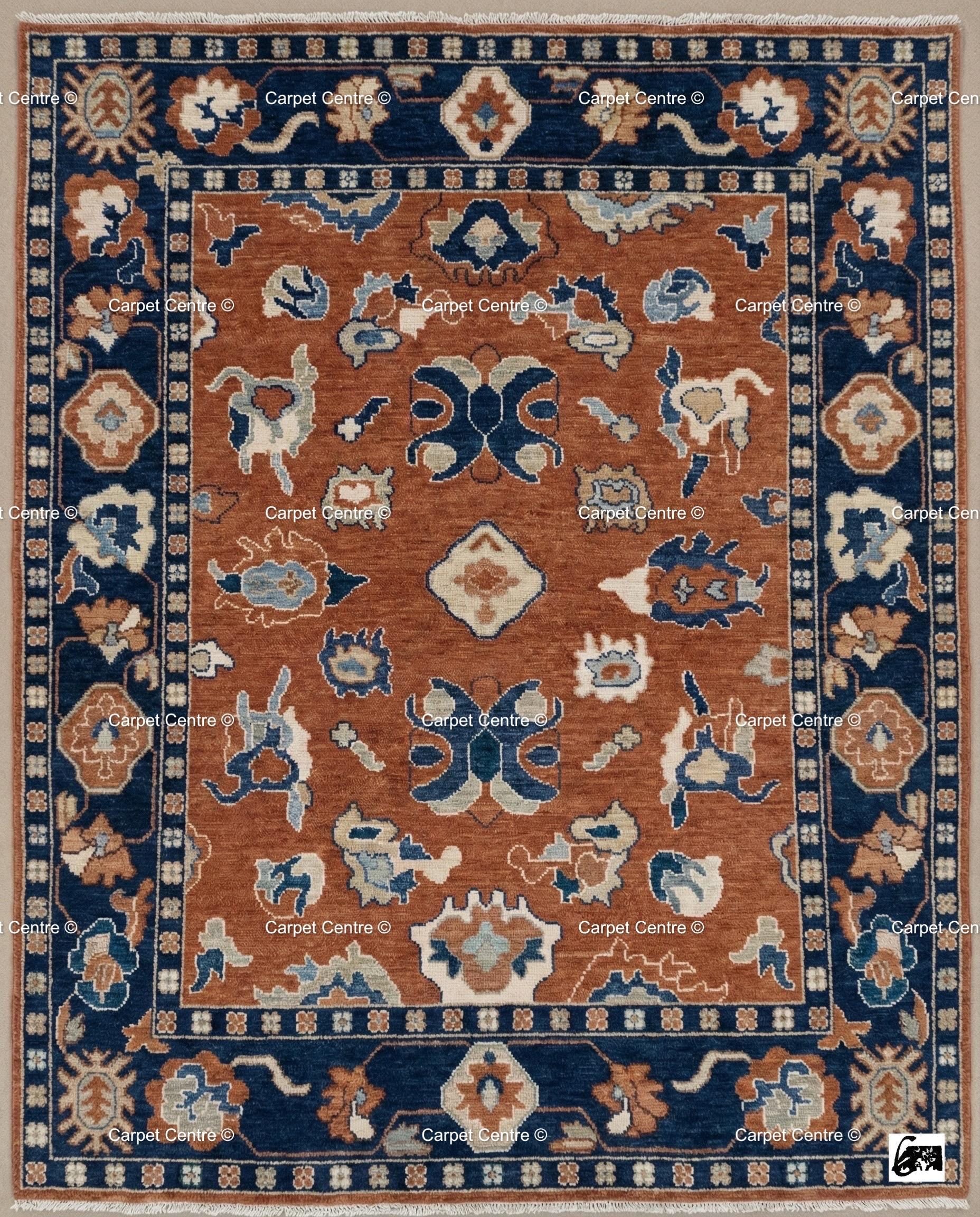 Rust Orange Oushak Rug, Navy Border, Hand Knotted Wool Carpet