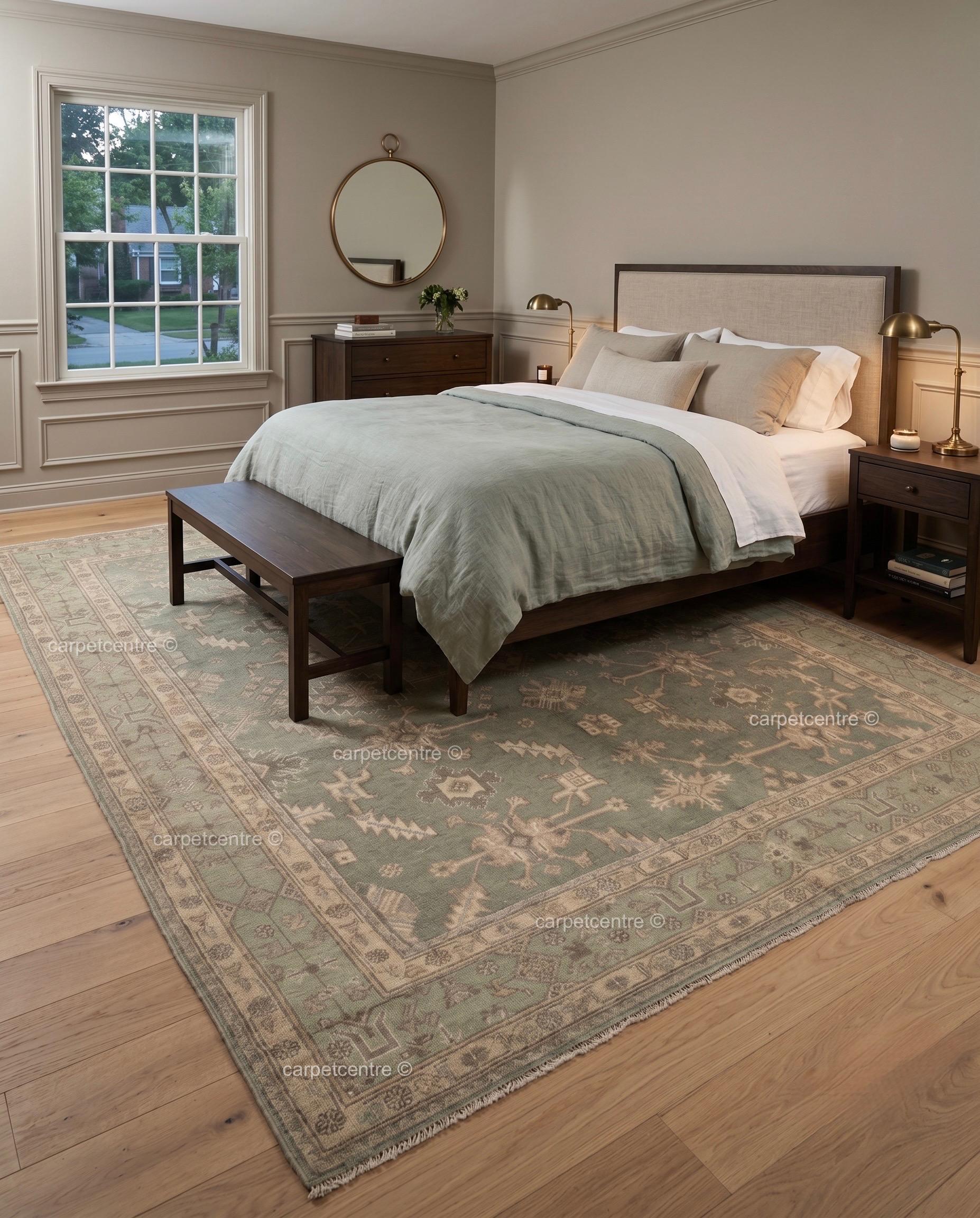 Sage Green Oushak Rug: Hand Knotted New Zealand Wool Carpet, Turkish Design