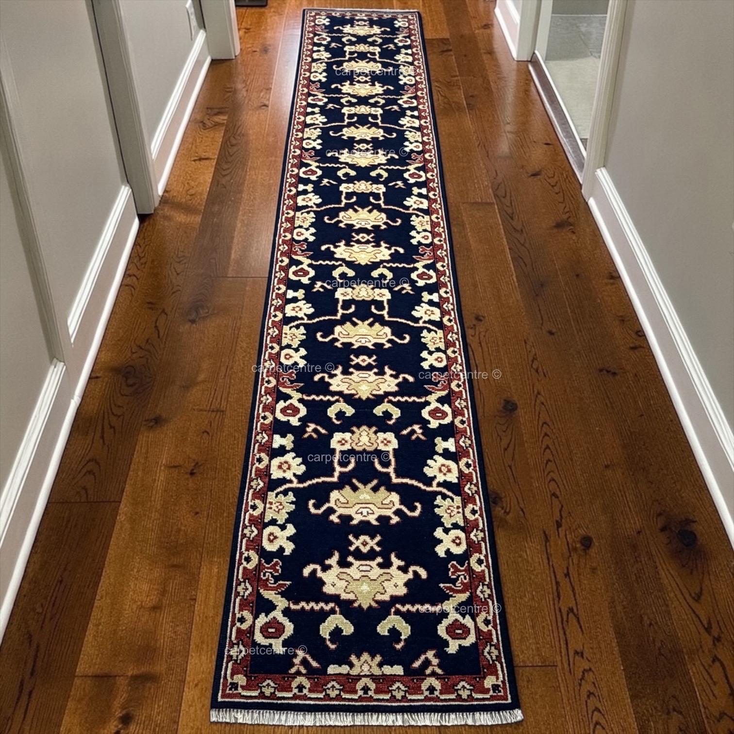 Hand-Knotted Wool Runner Rug, Navy Blue Tribal Design, Traditional Hallway Entryway Carpet
