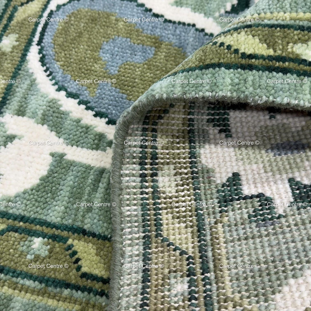 Hand-Knotted Oushak Rug, Emerald Sage Green Floral Medallion, Handspun Wool Area Rug
