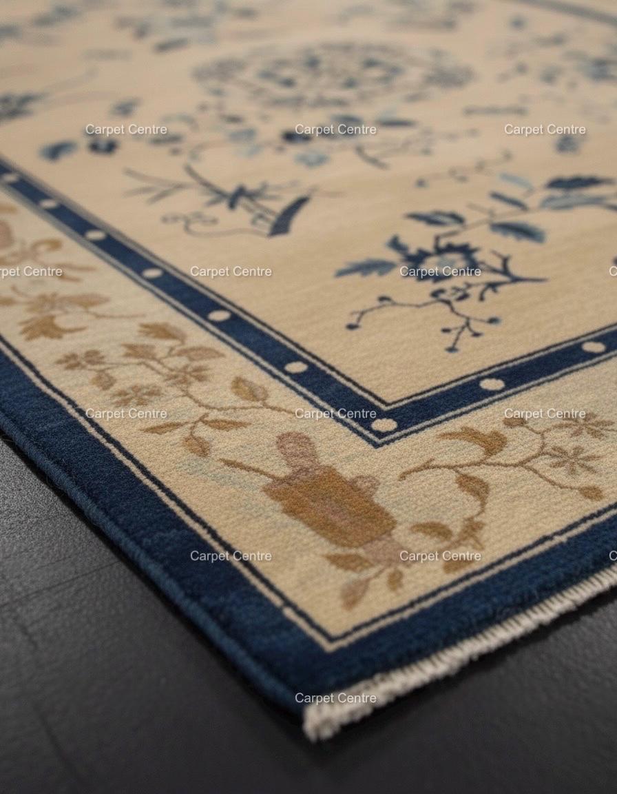 Hand-Knotted Oushak Wool Rug: Blue Beige Chinoiserie Design