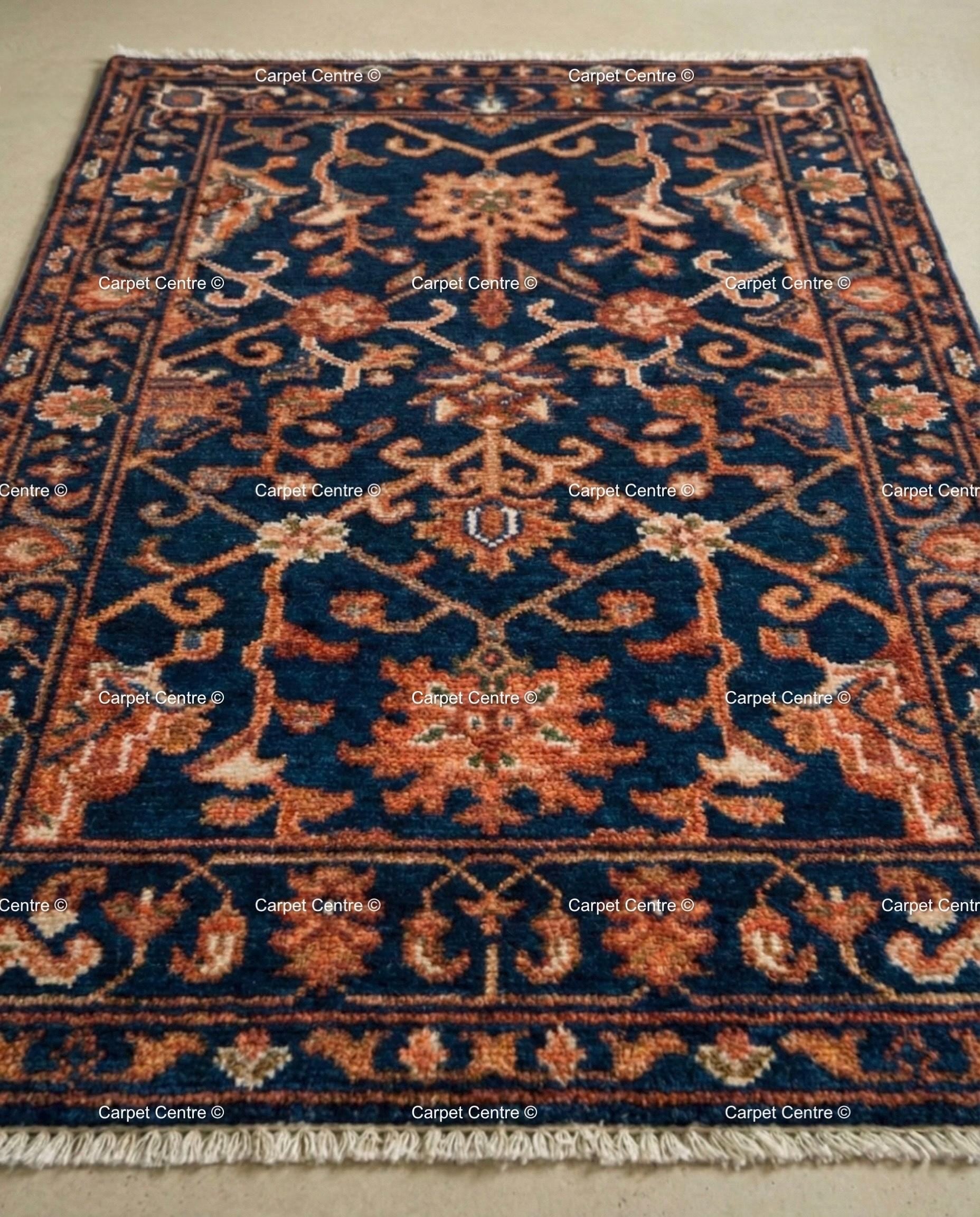 Hand Knotted Navy Blue Oushak Wool Rug, Rustic Floral Entryway Mat