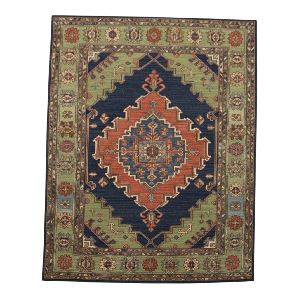 Hand-Knotted Oushak Wool Rug | Navy Blue Sage Green Geometric Medallion Living Room 8x10 9x12