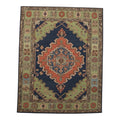 Hand-Knotted Oushak Wool Rug | Navy Blue Sage Green Geometric Medallion Living Room 8x10 9x12