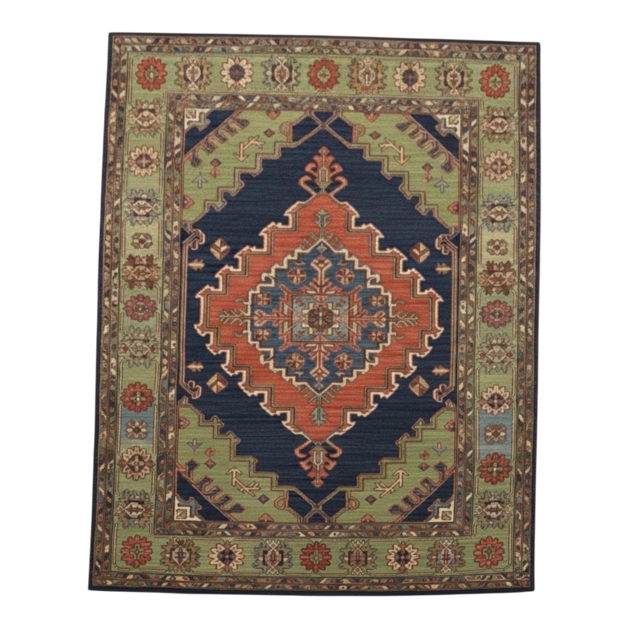 Hand-Knotted Oushak Wool Rug | Navy Blue Sage Green Geometric Medallion Living Room 8x10 9x12