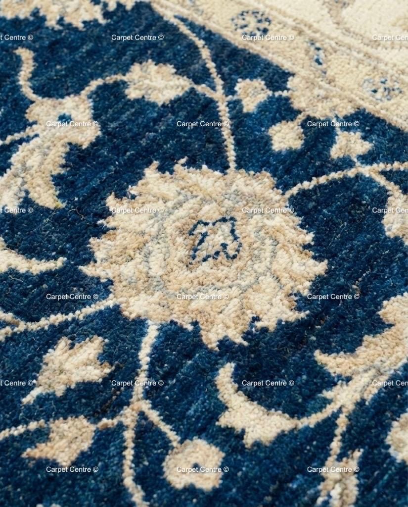 Navy Blue Oushak Rug, Hand-Knotted Wool, Ivory Floral Turkish Knot