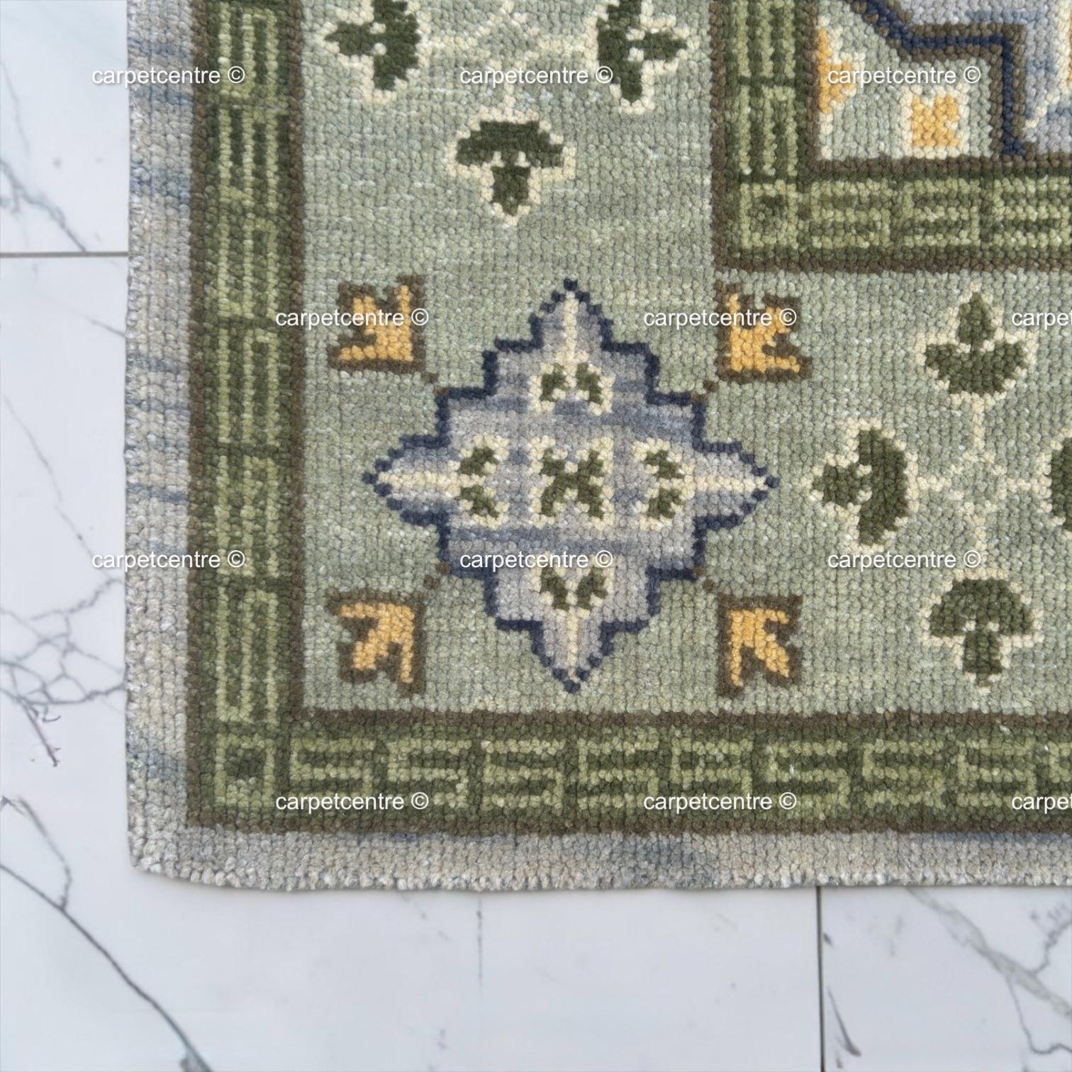 Hand Knotted Oushak Wool Rug | Sage Green Geometric Design