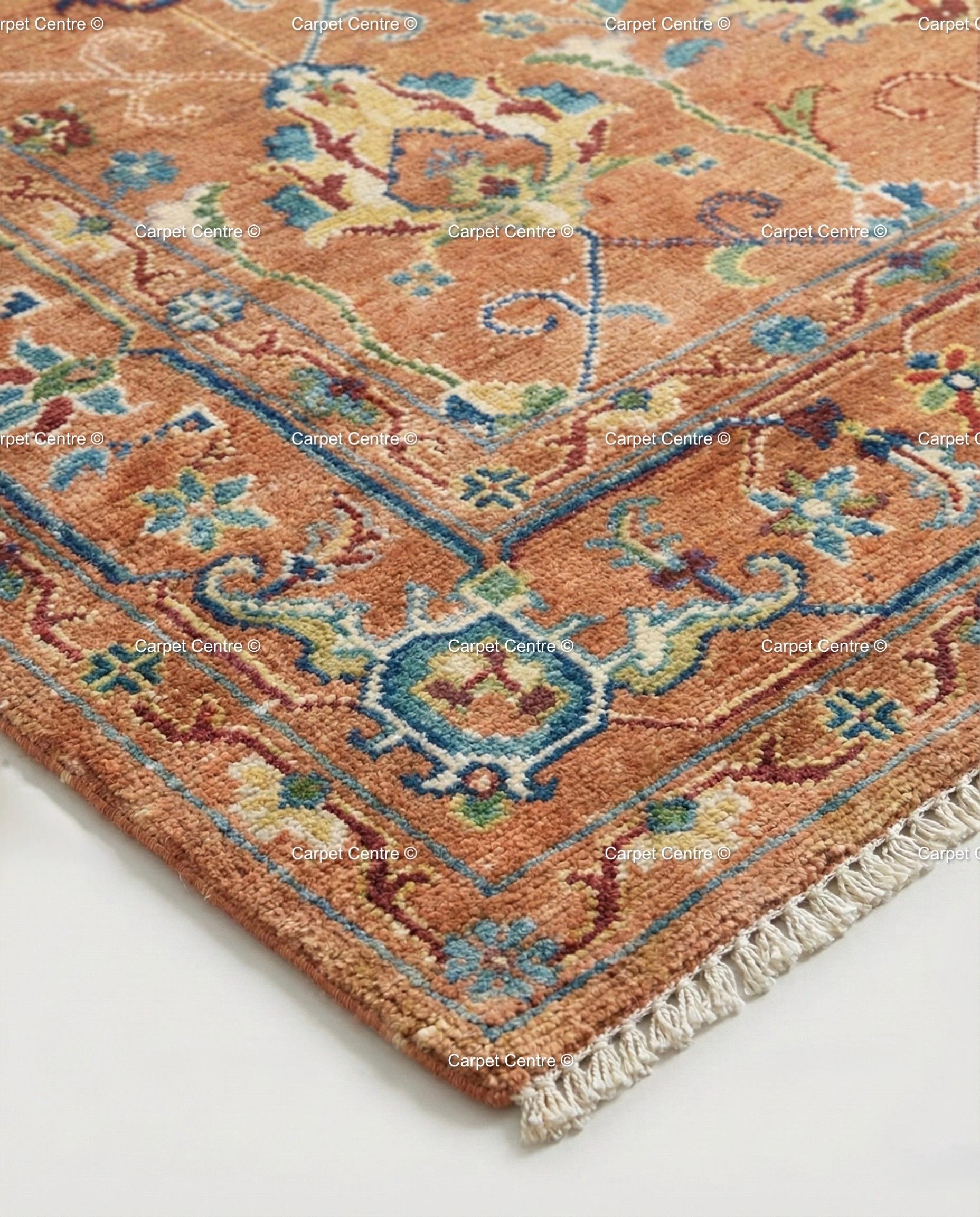 Hand Knotted Oushak Wool Rug, Rust Orange, Blue Floral Mahal