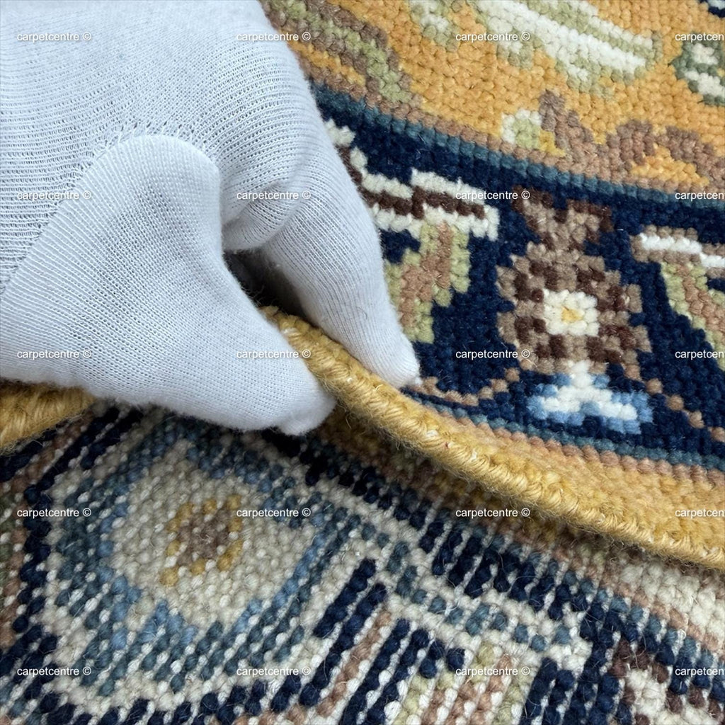 Yellow Oushak Hand-Knotted Wool Runner, Traditional Persian Style Navy Border Rug