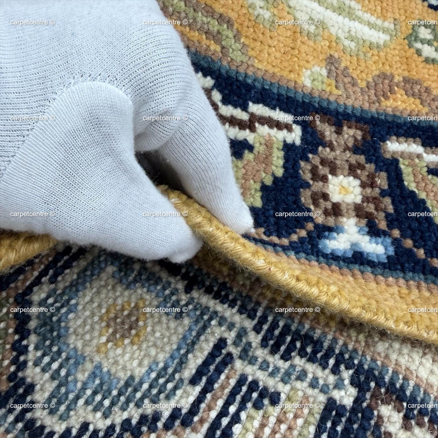 Yellow Oushak Hand-Knotted Wool Runner, Traditional Persian Style Navy Border Rug