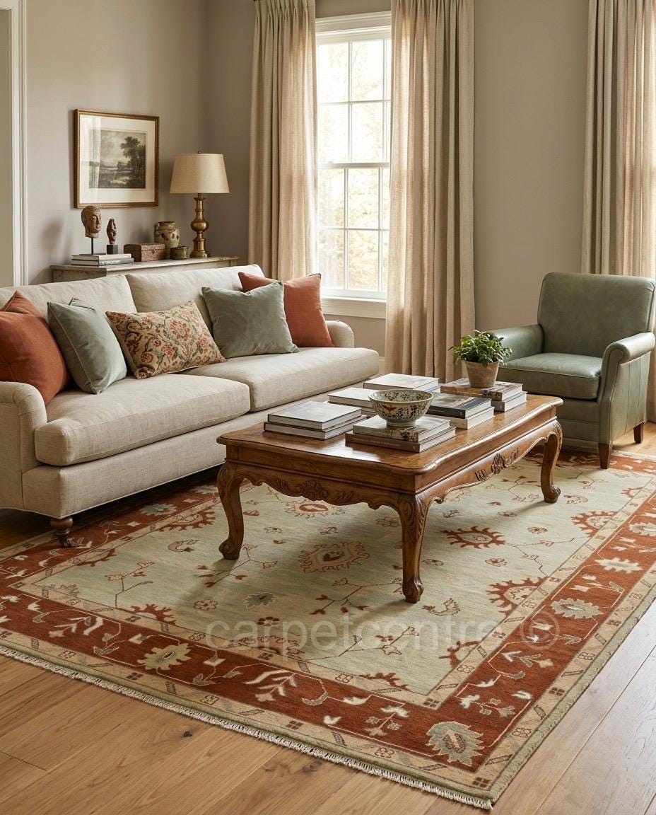 Hand Knotted Wool Oushak Rug, Mint Green Floral Turkish Carpet, Rust Border Area Rug