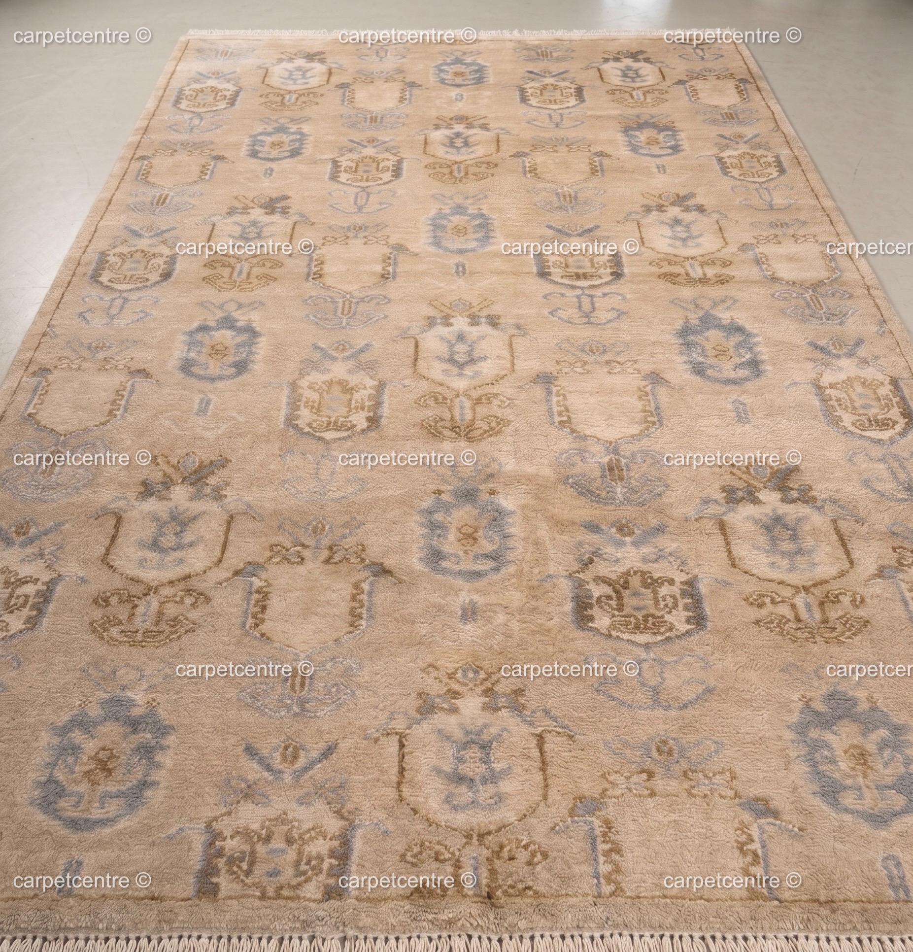 Hand Knotted Oushak Rug, Beige Blue Wool Carpet, Vintage Boho Farmhouse Bedroom Rug