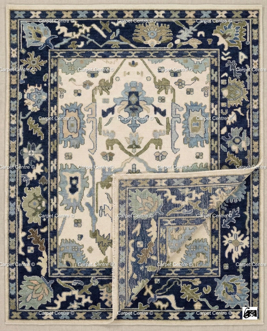 Hand Knotted Wool Oushak Rug | Navy, Cream, and Sage