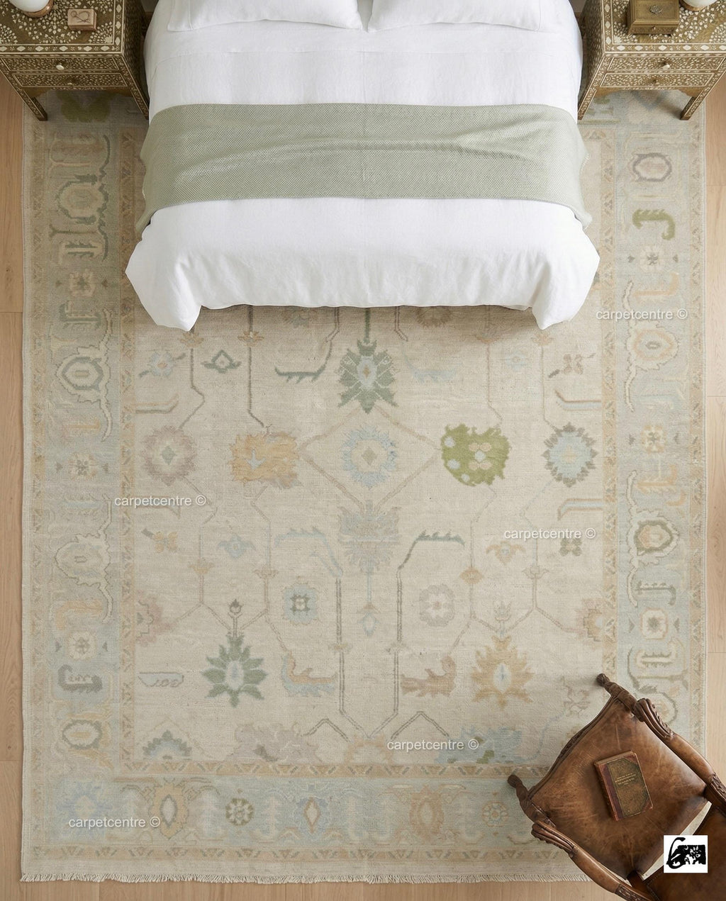 Hand-Knotted Wool Oushak Rug | Muted Sage, Sky Blue, Pastel Tones | 8x10 Area Rug