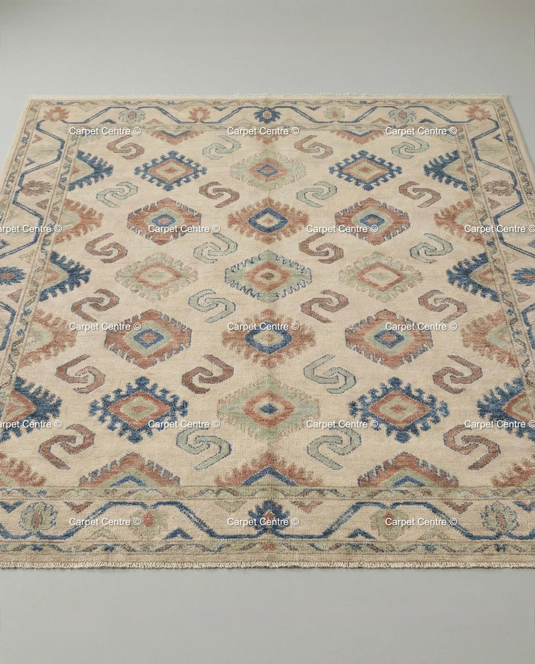 Hand Knotted Oushak Wool Rug, Geometric Diamond, Boho Home Decor