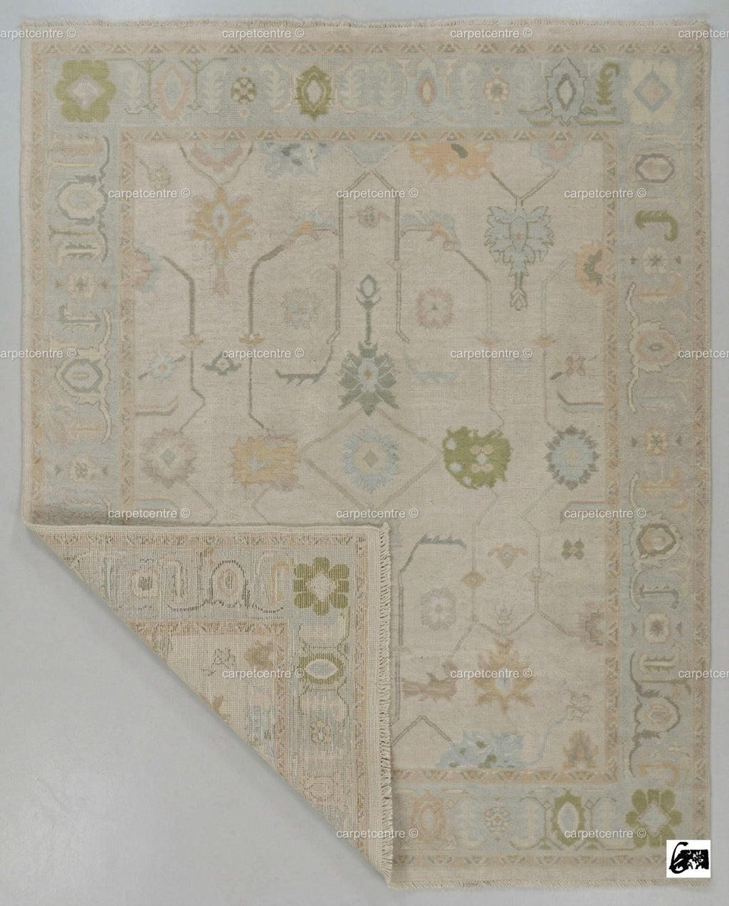 Hand-Knotted Wool Oushak Rug | Muted Sage, Sky Blue, Pastel Tones | 8x10 Area Rug
