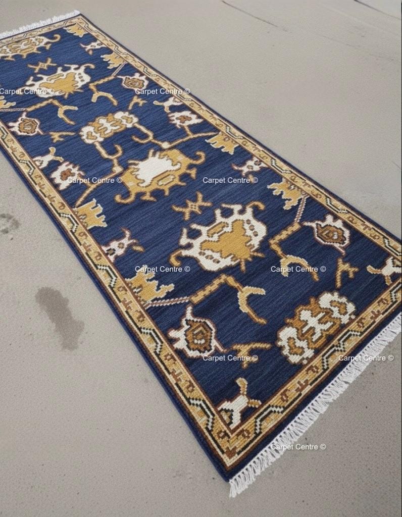 Navy Blue Oushak Runner Rug, Hand-Knotted Wool, Geometric Persian Style