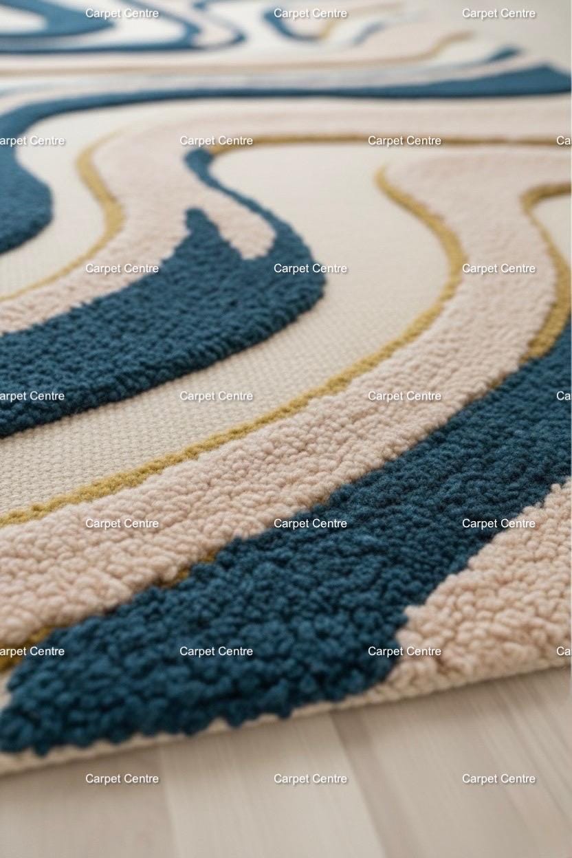 Handmade Teal Wave Wool Rug: Abstract Sculpted Texture