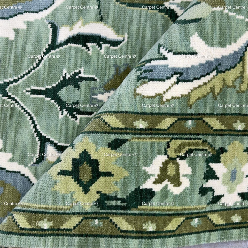 Hand-Knotted Oushak Rug, Emerald Sage Green Floral Medallion, Handspun Wool Area Rug